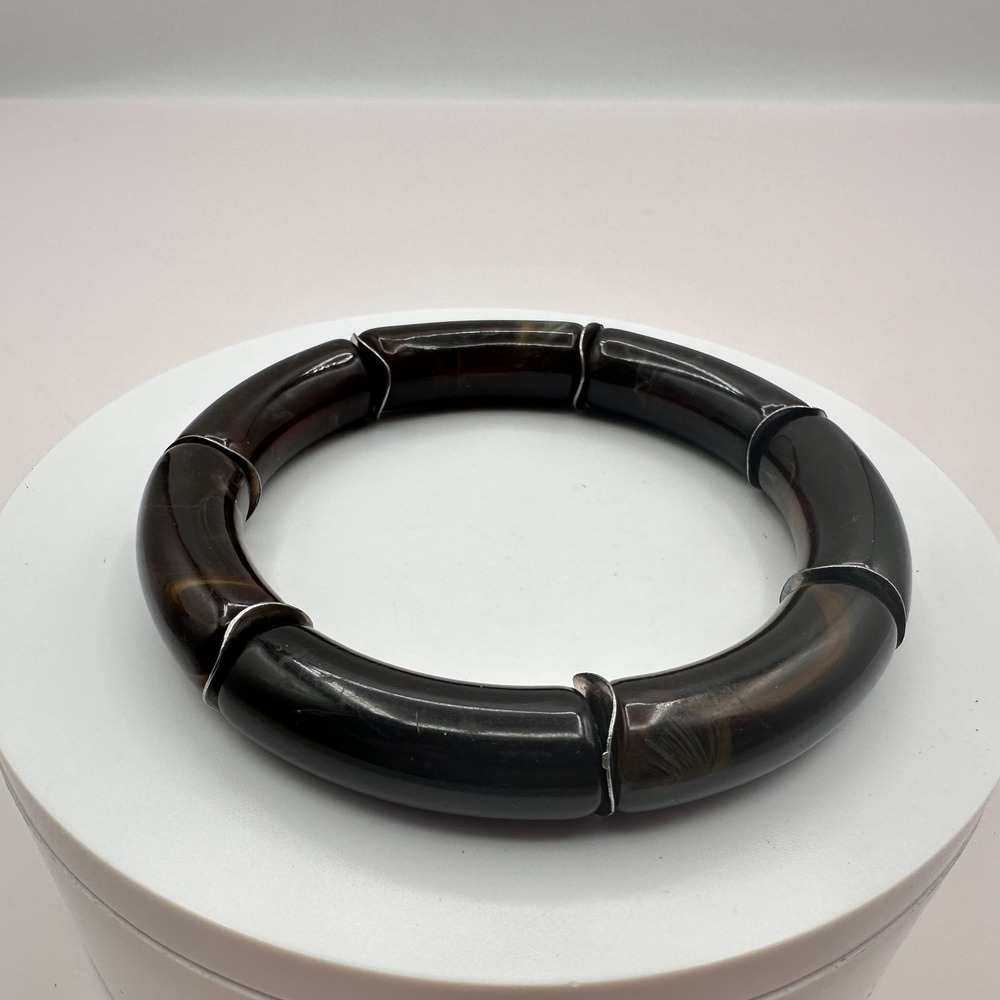 Vintage 90s Thick Tube Beaded Stretch Bracelet Boho Brown Tortoise Minimalist